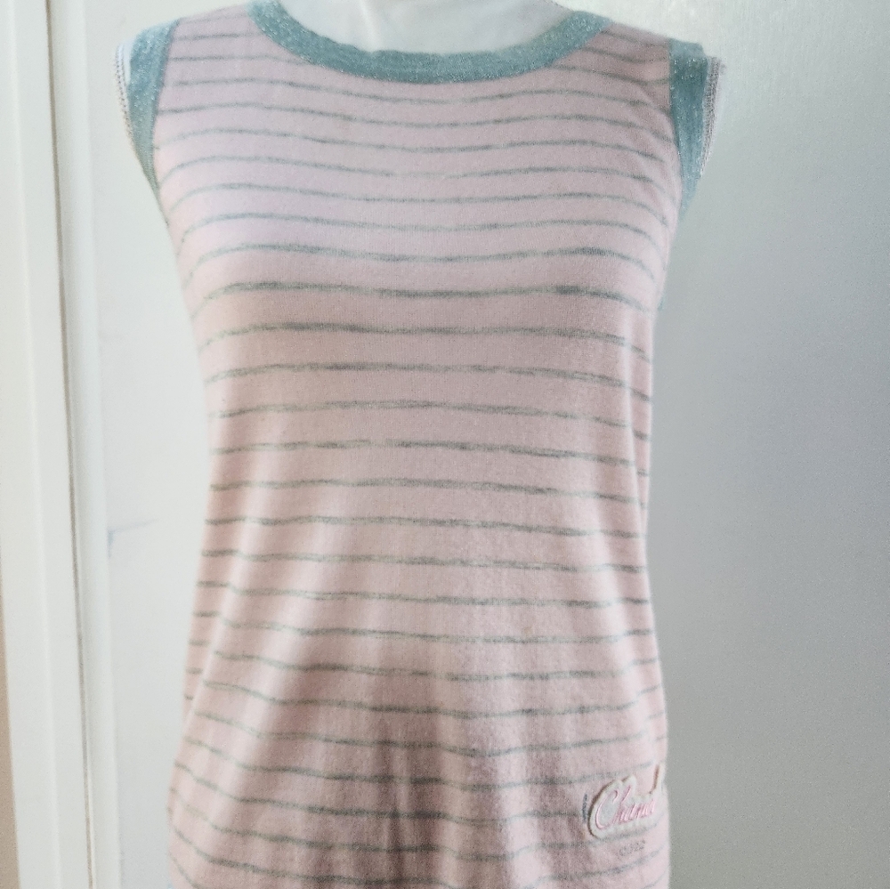 CHANEL Womens Top.  Pink and Light Blue Striped Sleeveless Top.